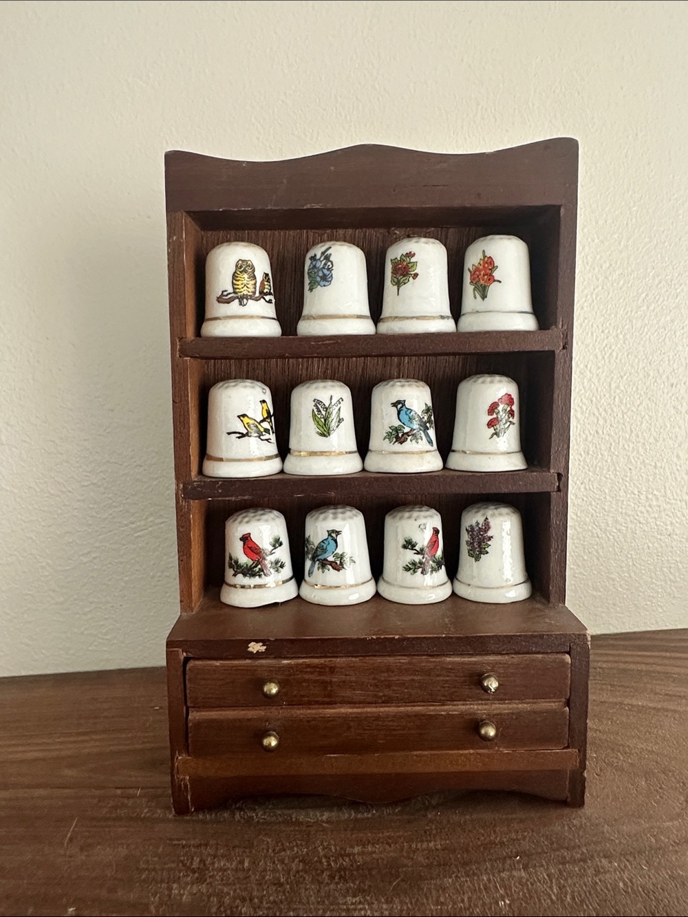 Vintage 12pc Porcelain Bird & Floral Thimble Collection with Wooden Display